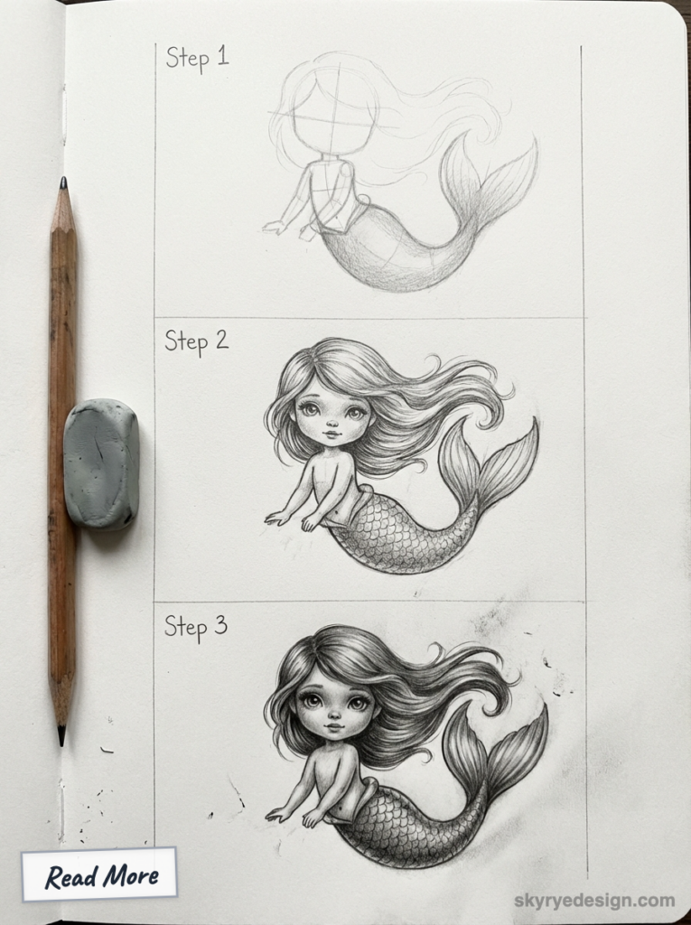 Sketchbook step-by-step pencil mermaid tutorial showing rough sketch, refined drawing, and final shaded mermaid with pencil and eraser.