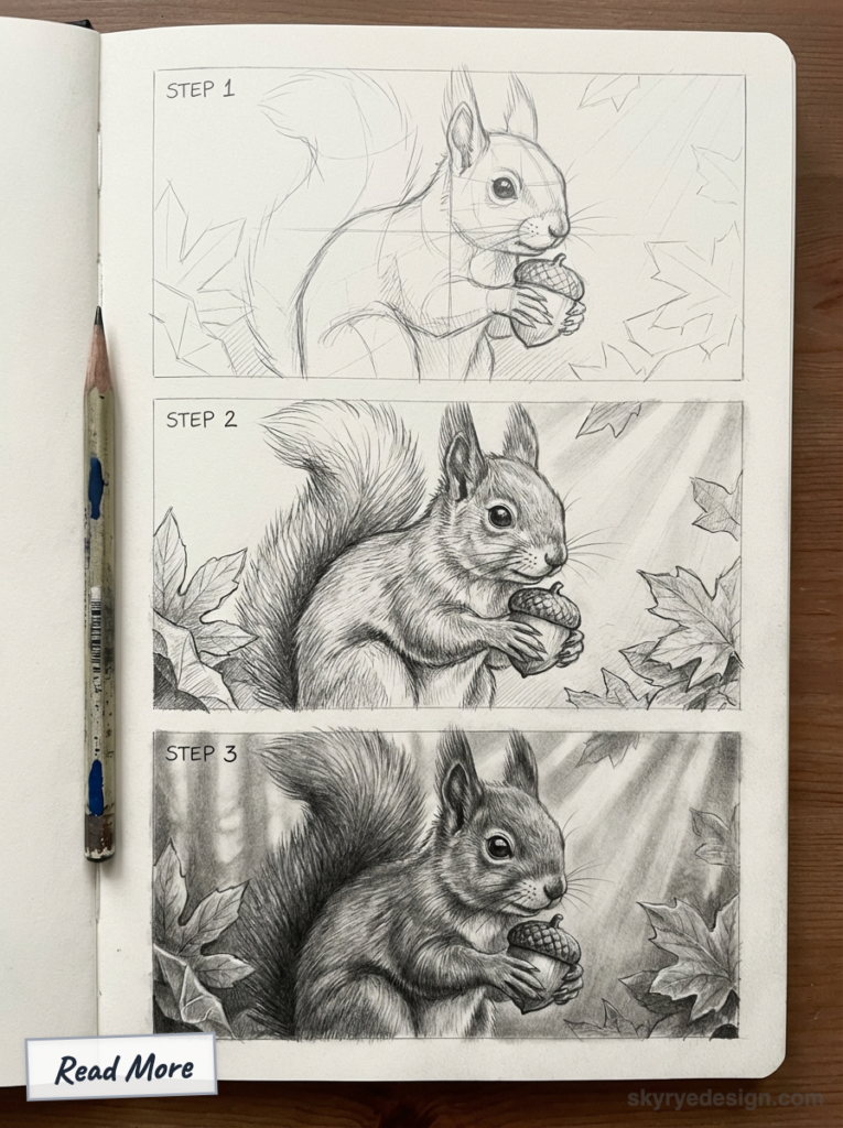 Three-panel pencil sketch tutorial of a squirrel holding an acorn, showing steps from rough outline to shaded detailed drawing in a sketchbook.