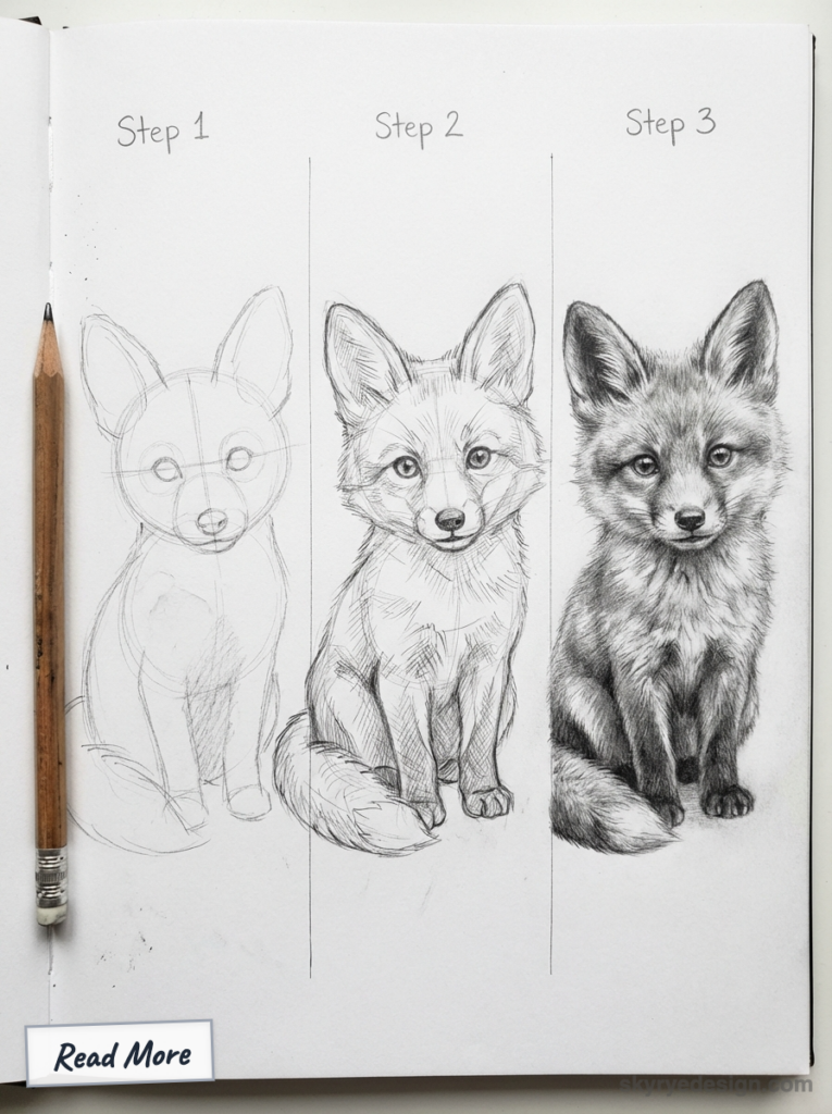 Step-by-step pencil drawing tutorial: three stages of a sitting fox — basic shapes, refined outline, and final realistic fur, pencil at left