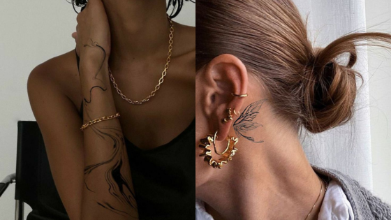 Two images of women showcasing unique tattoos: one on an arm and the other behind an ear, paired with gold jewelry.