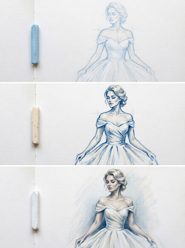 Triptych fashion illustration showing pencil sketch to finished pastel portrait of a woman in an off-shoulder ball gown with chalk pastels.