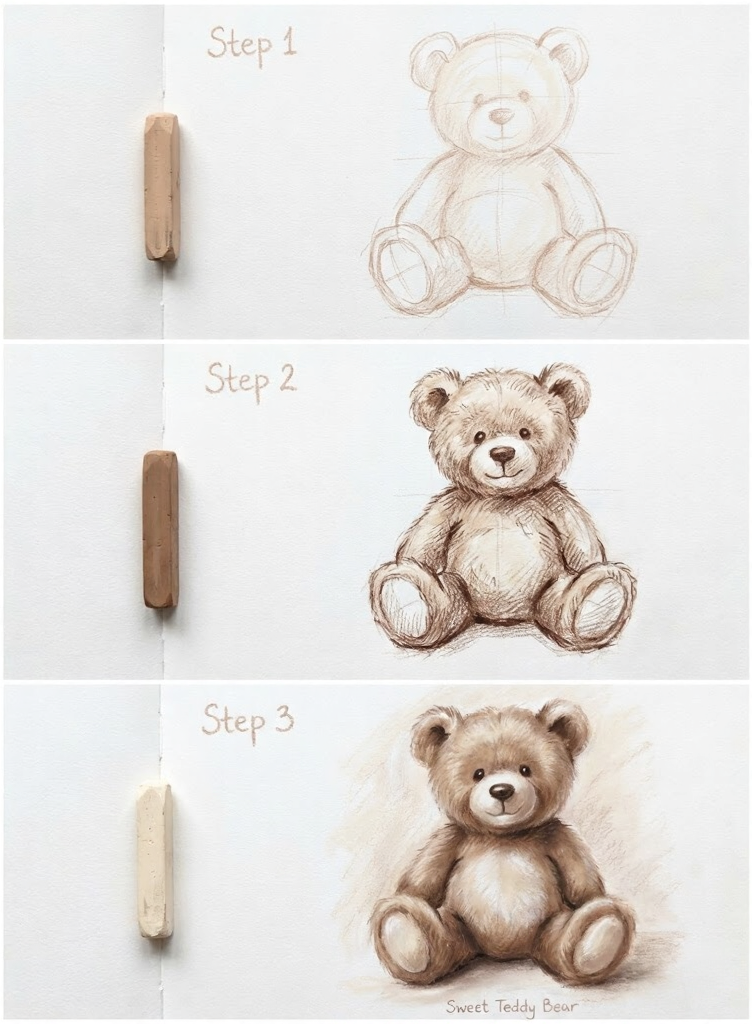 Three-step teddy bear drawing tutorial: rough sketch, shaded detail, and finished soft-pastel plush bear with pastel sticks.