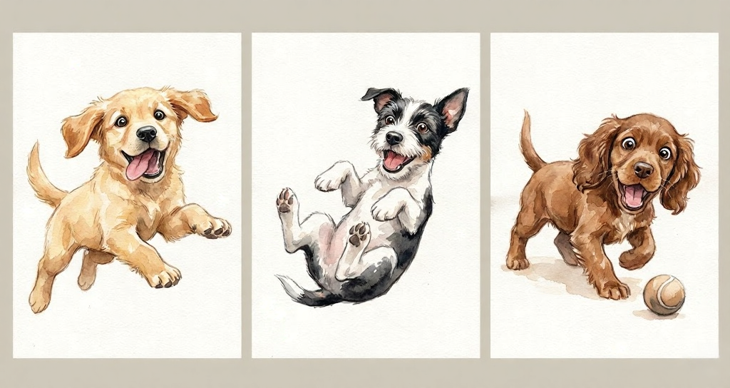 Three watercolor illustrations of playful puppies (golden retriever, black-and-white terrier, brown spaniel) in a triptych layout, dog art.