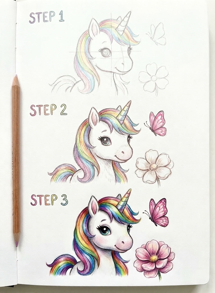 Three-step unicorn drawing tutorial from pencil sketch to colored rainbow-maned unicorn head with butterfly and flower, colored pencil art