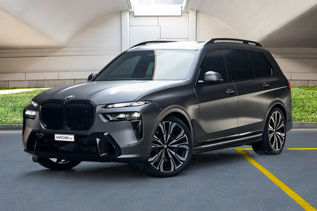 Luxury SUV parked under a modern structure, showcasing sleek design and distinctive alloy wheels.