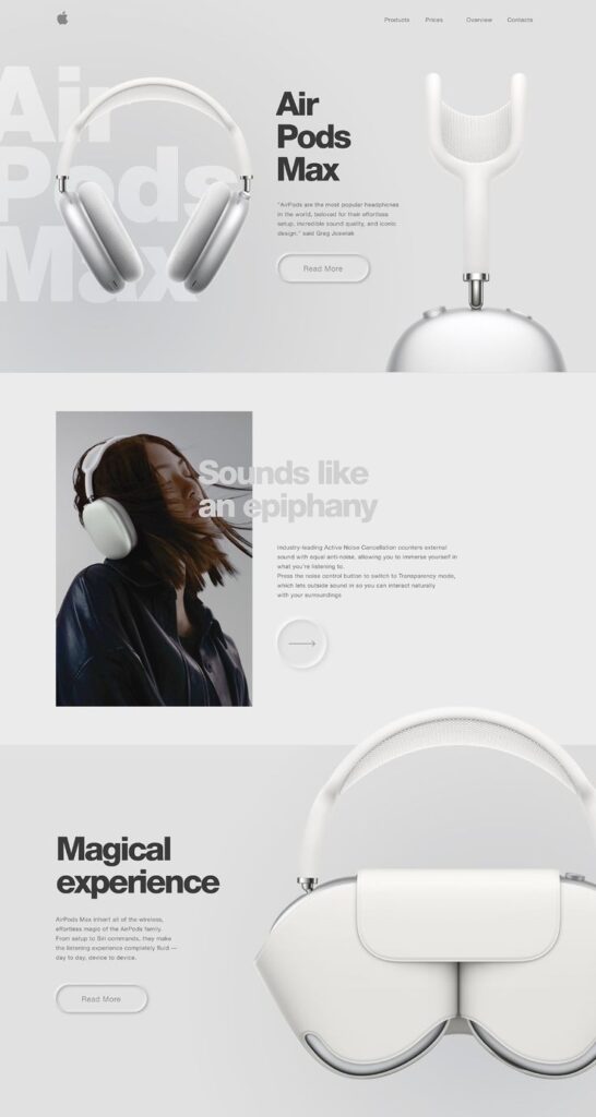 AirPods Max promotional image showcasing sleek design, noise cancellation features, and magical listening experience.