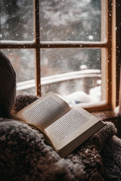 Cozy winter reading by a snowy window, with a warm blanket and an open book capturing serene relaxation.