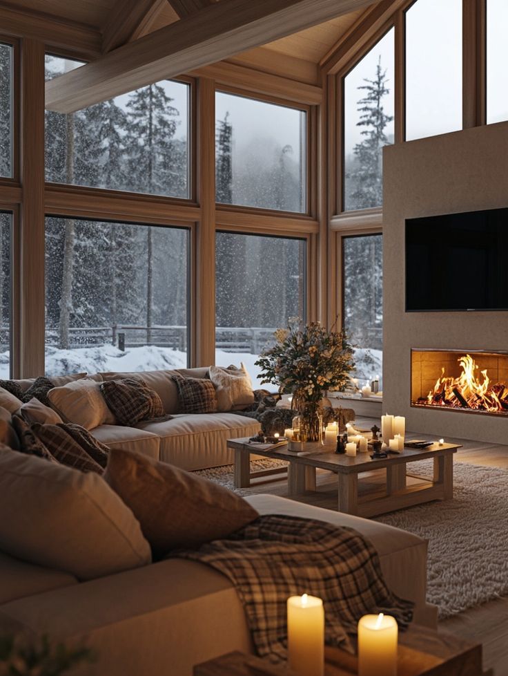 Cozy living room with large windows, snowy view, fireplace, and candles creating a warm, inviting atmosphere.