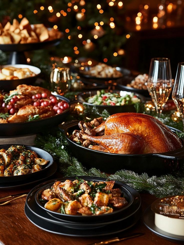 Festive holiday feast with roasted turkey, vegetables, garnished dishes, and sparkling wine on an elegant table setting.