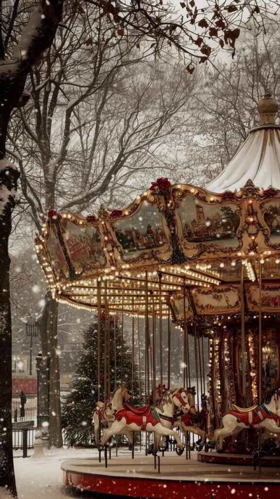 Vintage carousel in snowy park with festive lights and decorated horses, creating a magical winter wonderland scene.