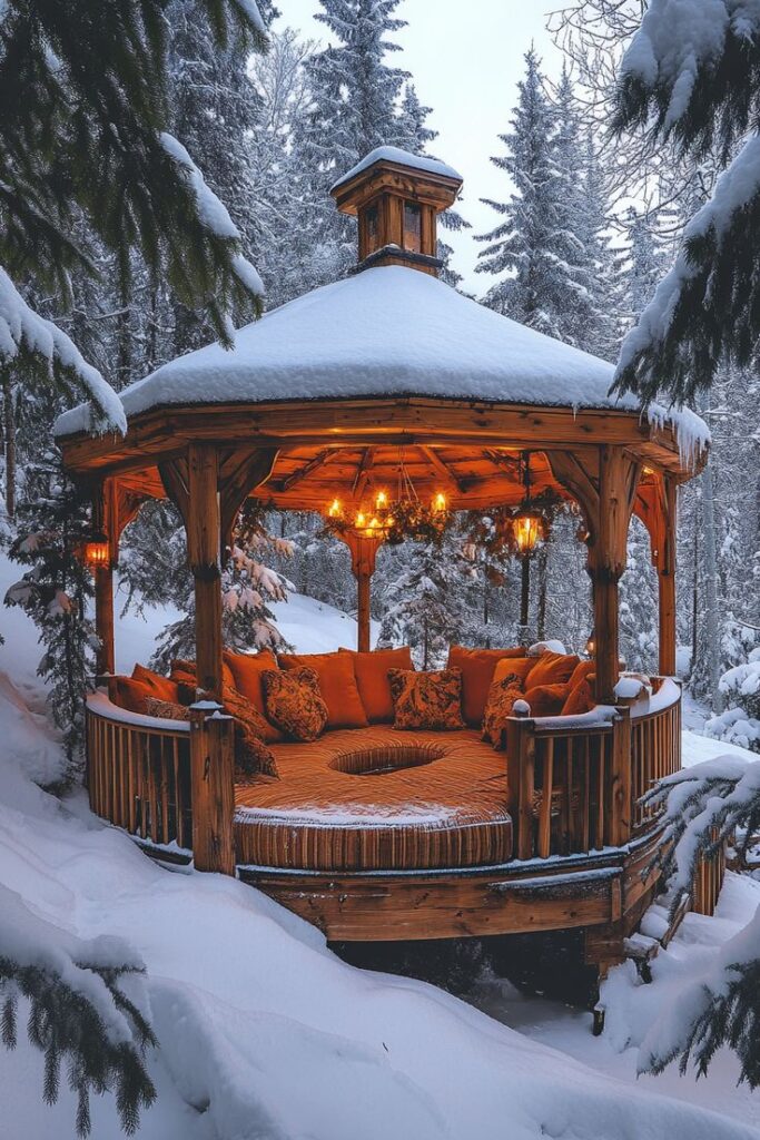 Cozy wooden gazebo with cushions and warm lighting surrounded by snowy forest scene. Perfect winter retreat spot.