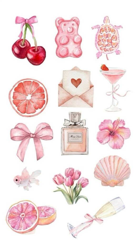 Collection of watercolor images: cherries, gummy bear, turtle, grapefruit, envelope, cocktail, perfume, flowers, shell.