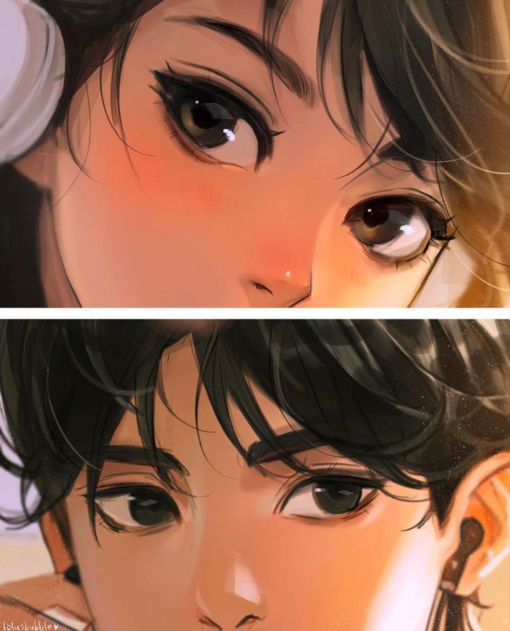 Anime illustration of two close-up portraits with expressive eyes and black hair, conveying emotion and detail.