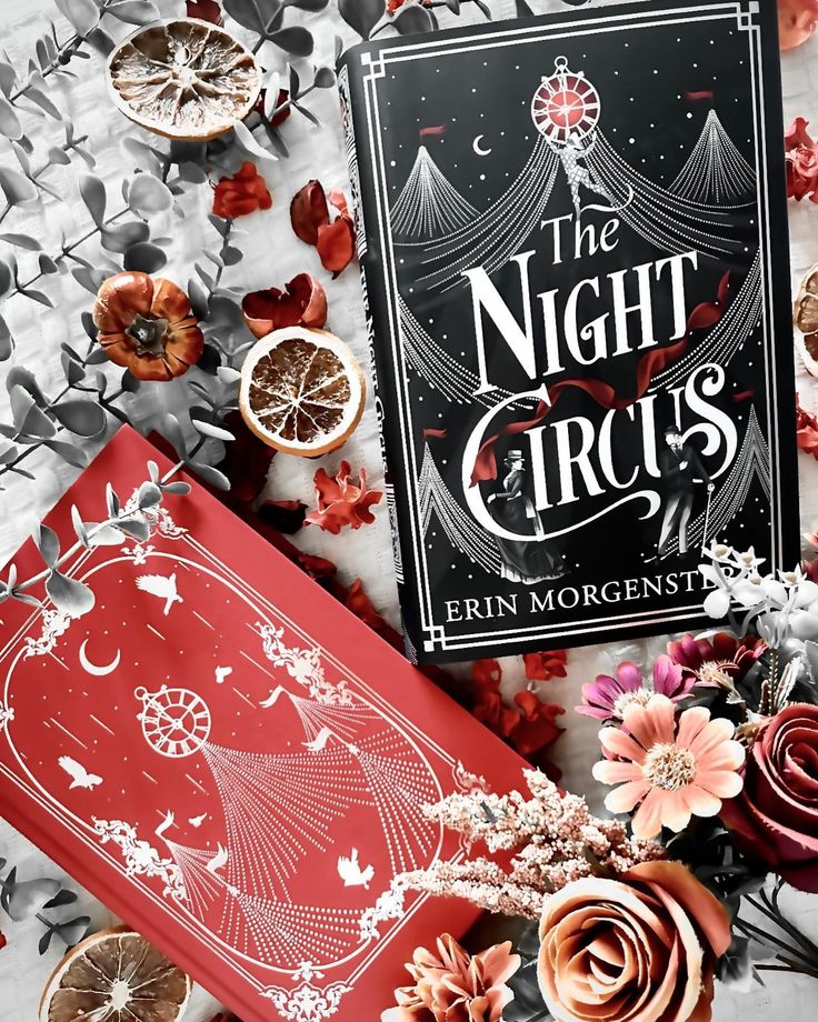 Decorative The Night Circus book covers with dried flowers and fruit, creating a whimsical and enchanting display.