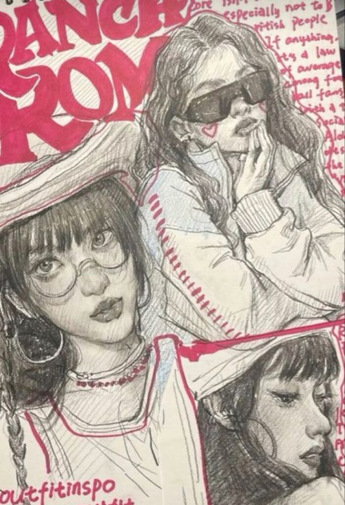 Artistic pencil sketches of stylish women with text in pink accents, showcasing trendy fashion and cool accessories.