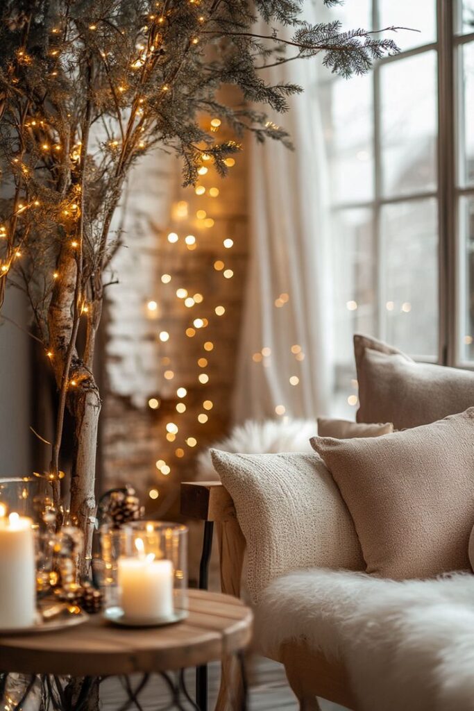 Cozy living room with glowing fairy lights, candles, and beige pillows by a window, creating a warm and inviting atmosphere.