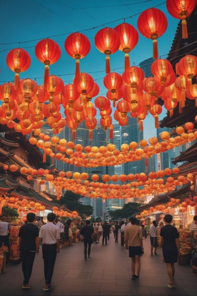 Vibrant red lanterns illuminate a bustling street market at dusk in an urban cityscape.