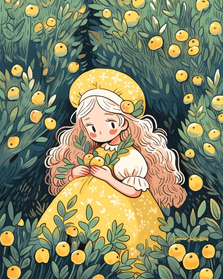 A whimsical illustration of a girl in a yellow dress picking lemons in a lush garden surrounded by greenery and fruit.