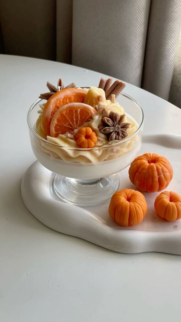 Свеча в креманке 🍊 Autumn dessert with citrus slices, star anise, and mini pumpkins on white table for fall-themed treat. | Sky Rye Design Autumn dessert with citrus slices, star anise, and mini pumpkins on white table for fall-themed treat.