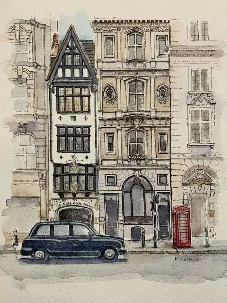 ⤹˚˖ ♫ ୭ Watercolor of London street with historical buildings, black taxi, and red phone booth. | Sky Rye Design Watercolor of London street with historical buildings, black taxi, and red phone booth.