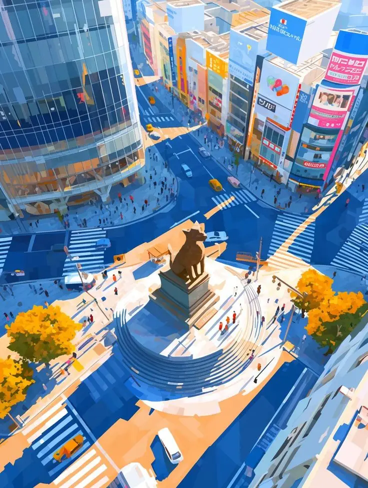 渋谷のハチ公前広場 Aerial view of a vibrant intersection with a prominent statue, surrounded by buildings and people crossing the streets. | Sky Rye Design Aerial view of a vibrant intersection with a prominent statue, surrounded by buildings and people crossing the streets.