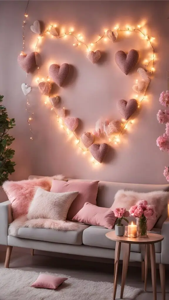 🫶 Romantic living room with heart-shaped lights and pink cushions, creating a cozy and inviting atmosphere. | Sky Rye Design Romantic living room with heart-shaped lights and pink cushions, creating a cozy and inviting atmosphere.