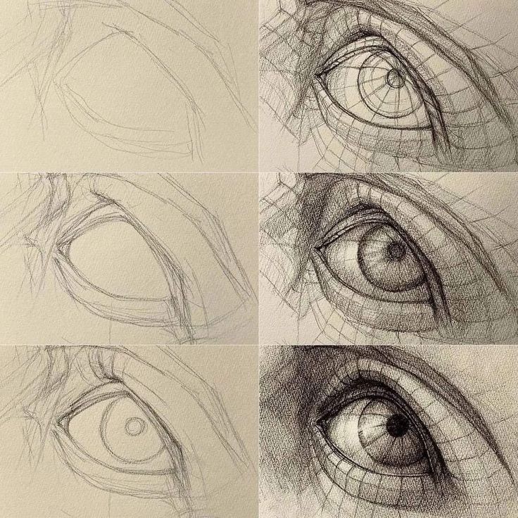 Step-by-step pencil drawing tutorial of a realistic eye, showing progression from basic shapes to detailed shading.