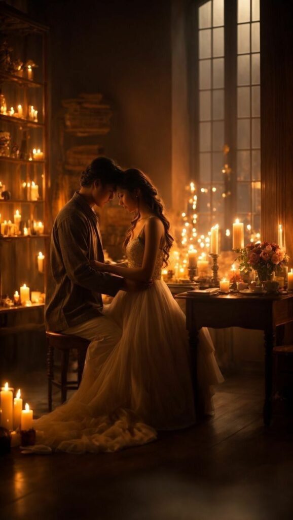 Romantic couple embracing in candlelit room, creating a warm, intimate atmosphere.