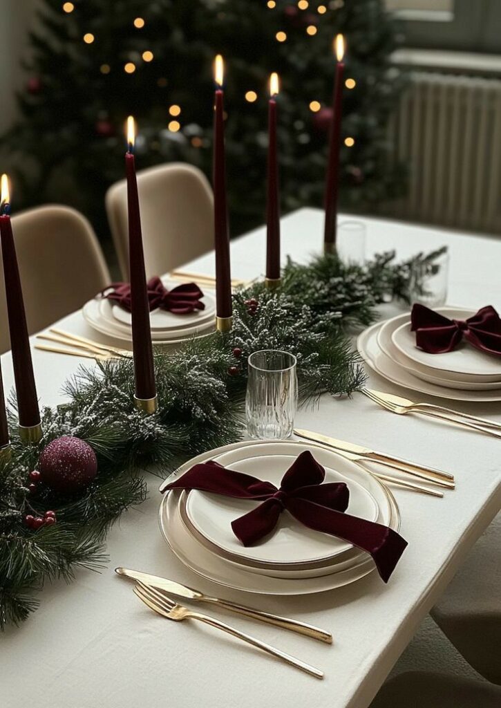 Elegant Christmas dining table with red candles, festive greenery, and place settings adorned with red bows.