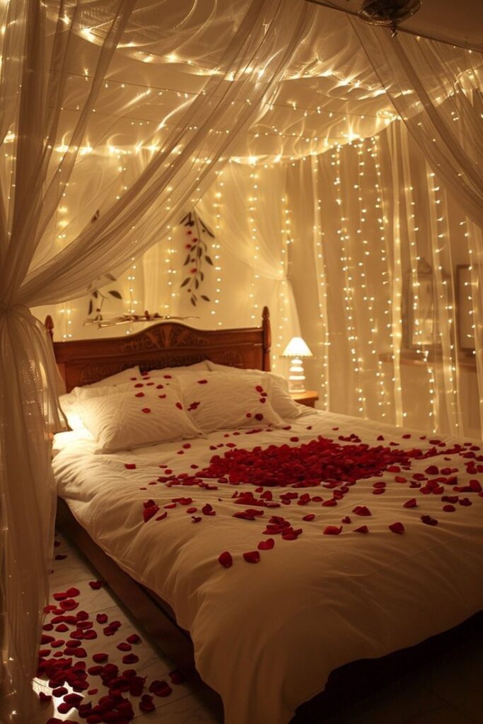 Romantic bedroom with canopy, fairy lights, and rose petals on bed for a cozy, intimate ambiance.