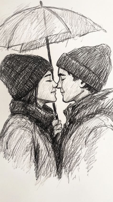 Sketched couple in winter attire sharing a tender moment under an umbrella, captured in monochrome style.