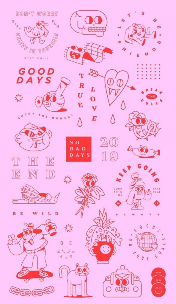 Collage of playful cartoon-style illustrations with motivational quotes on a pink background. Fun and positive vibes.