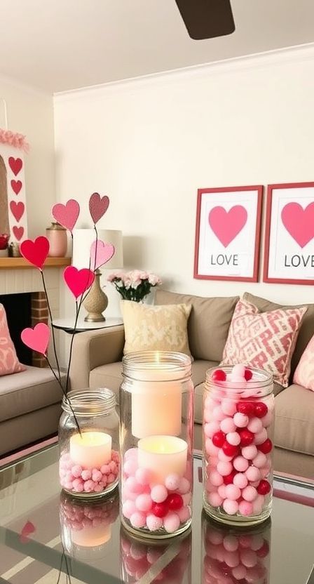 Cozy living room with Valentine's decor, heart-themed wall art, and pink accents on a glass coffee table.