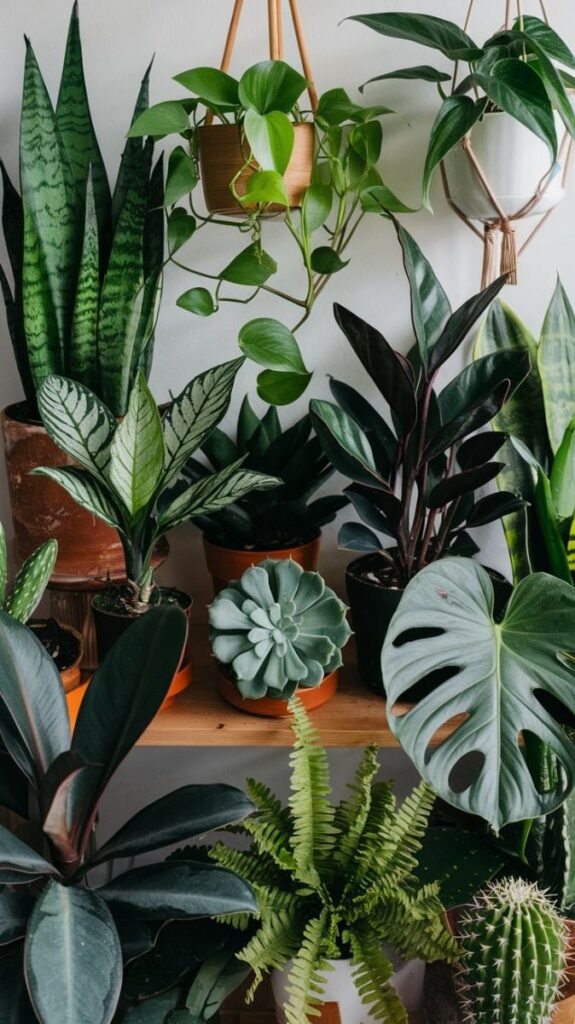 Assorted indoor houseplants on a wooden shelf, including succulents and ferns, showcasing vibrant green foliage.