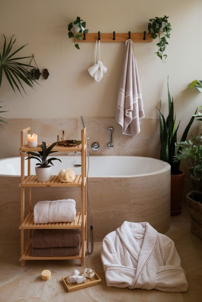 Stylish bathroom with wooden stand, plush towels, plants, and a cozy robe next to a bathtub for a spa-like ambiance.