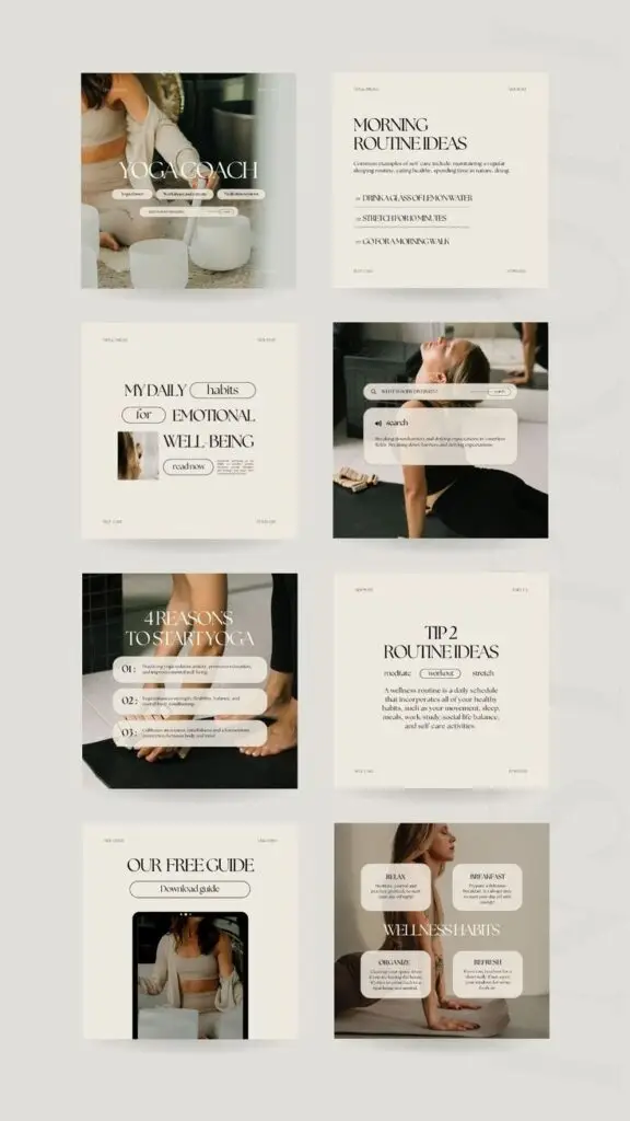 100 Wellness Classic Templates for Instagram Collage of yoga and wellness tips, morning routine ideas, and emotional well-being strategies. | Sky Rye Design Collage of yoga and wellness tips, morning routine ideas, and emotional well-being strategies.