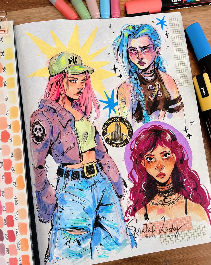 Colorful anime-style illustrations of three women with vibrant hair in an artist's sketchbook.