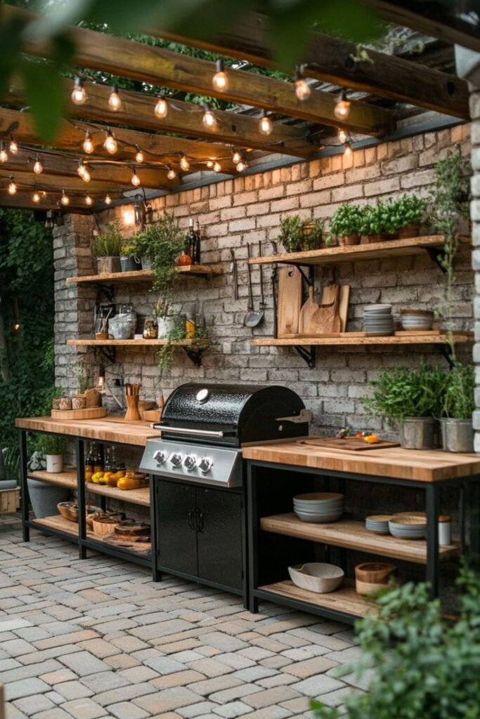 Outdoor kitchen with brick walls, wooden shelves, and a grill, under string lights. Perfect for cozy BBQ gatherings.