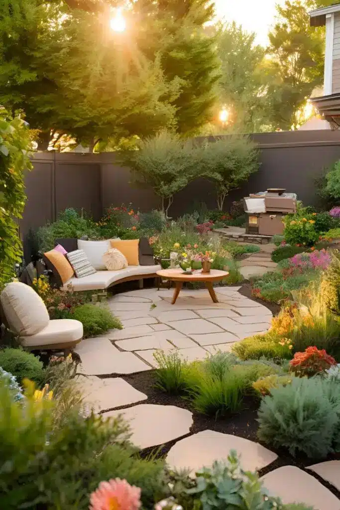 15 Small Backyard Landscaping Ideas for Charming Outdoor Spaces Serene backyard patio with lush garden, stone path, cozy seating, and sunset ambiance. Perfect for outdoor relaxation. | Sky Rye Design Serene backyard patio with lush garden, stone path, cozy seating, and sunset ambiance. Perfect for outdoor relaxation.