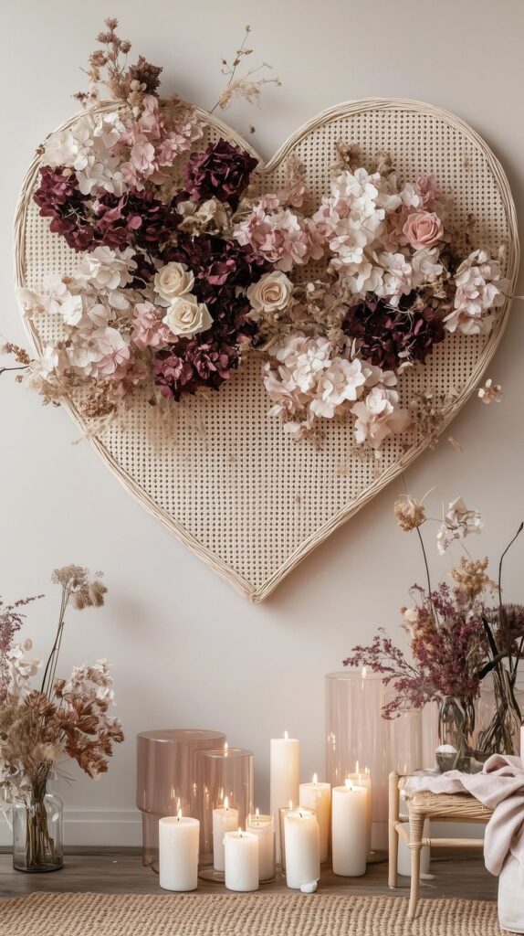 Heart-shaped floral arrangement with pink and red roses, surrounded by lit candles, creating a romantic atmosphere.