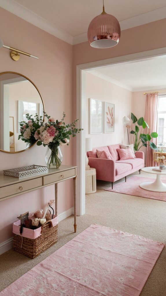 Chic pink living room with elegant decor, floral arrangement, and stylish furnishings for a cozy, inviting ambiance.