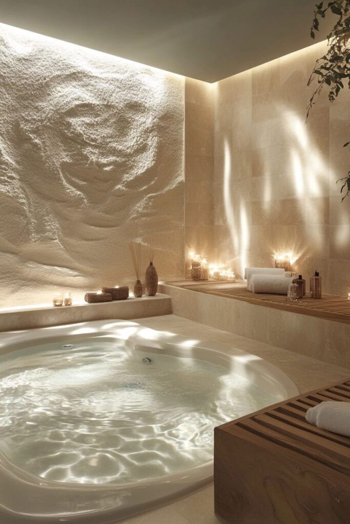 Luxurious spa-inspired bathroom with a jacuzzi, ambient lighting, and elegant decor.