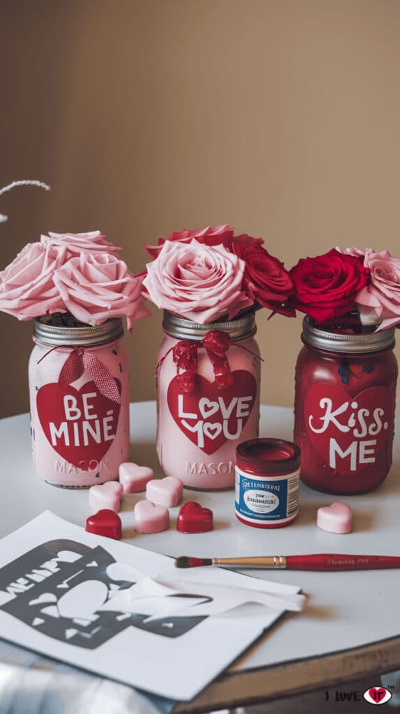 Valentine's Day-themed mason jars with roses and heart decorations on a table.