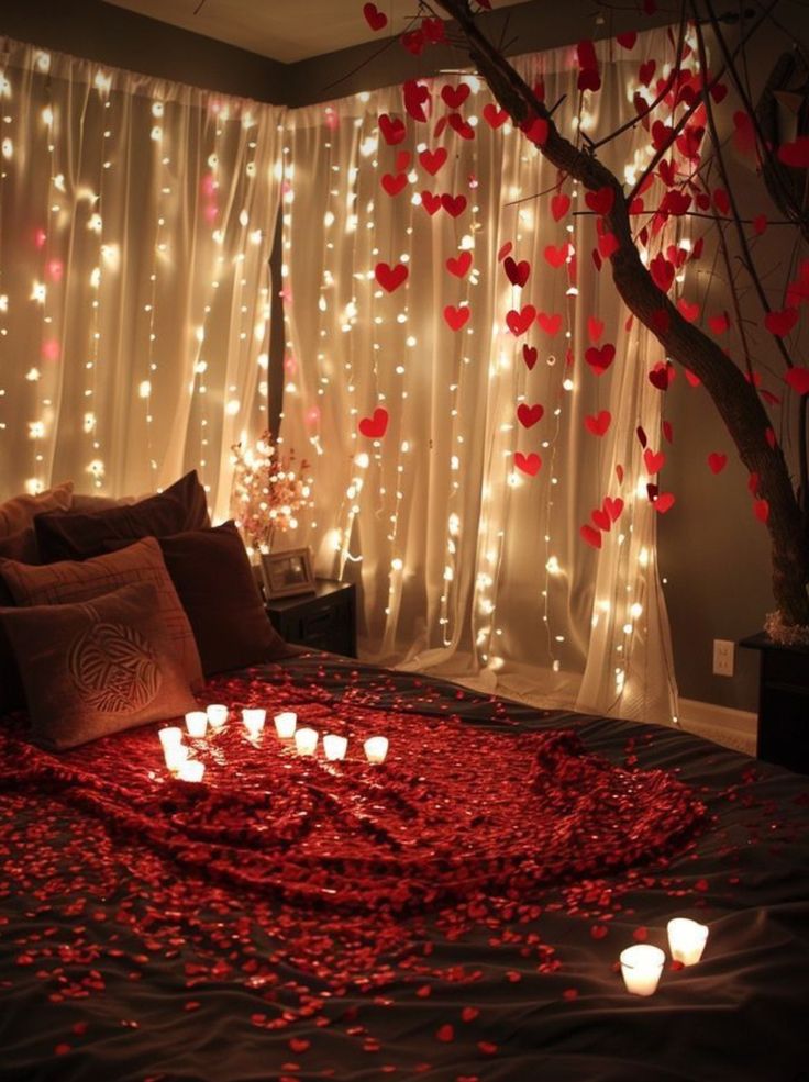 Romantic bedroom with heart decorations, fairy lights, rose petals, and candles for a cozy, intimate atmosphere.