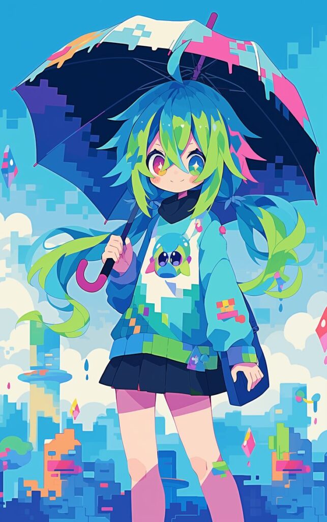 Anime character with colorful hair and umbrella in pixel art cityscape. Cute and vibrant illustration.