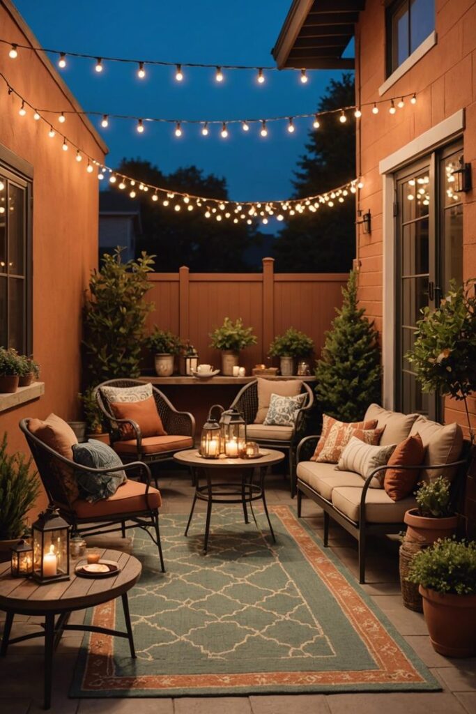 Cozy outdoor patio with string lights, plush seating, potted plants, and a rug, perfect for evening relaxation.