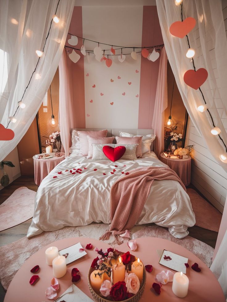 Romantic bedroom setup with heart decorations, rose petals, and candles for a cozy, Valentine's ambiance.