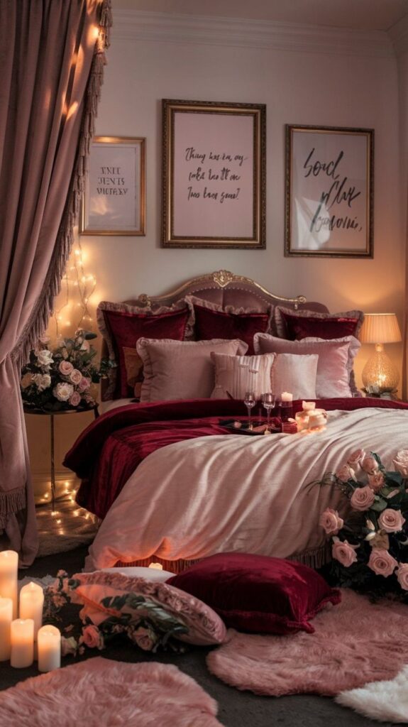 Cozy bedroom with elegant decor, warm lighting, plush bedding, and framed quotes for a relaxing ambiance.