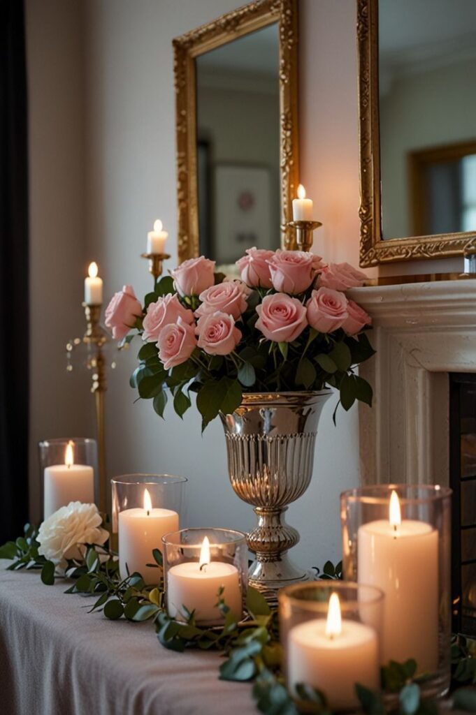 Elegant display of pink roses and candles in a silver vase, reflecting in a decorative mirror. Cozy ambiance.