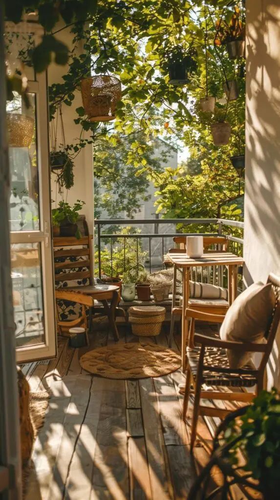 Cozy balcony with wooden floor, plants, and seating under morning sunlight for a relaxing outdoor ambiance.